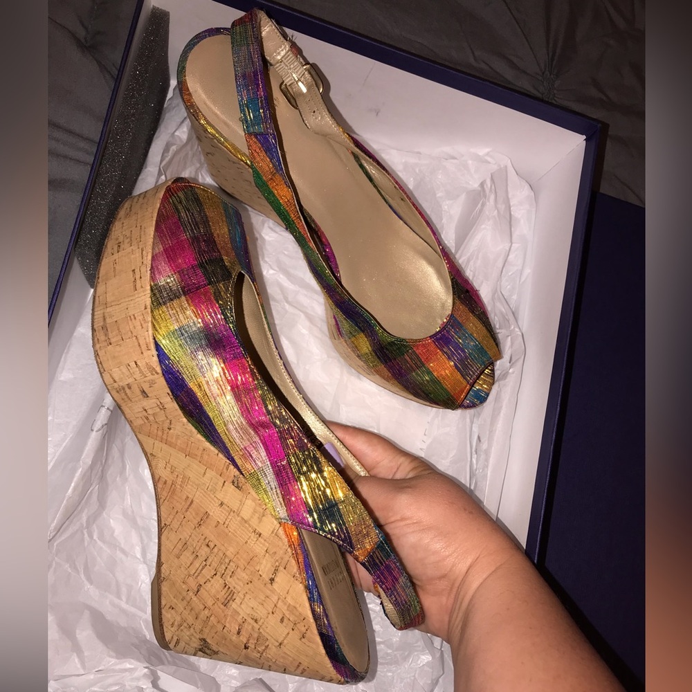 Stuart Weitzman womens size 10 multi color wedges,good condition. Tinsel Silk.